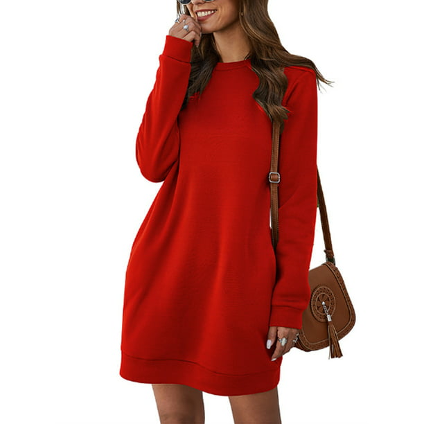 Womens Mini Dress Long Sleeve Sweatshirt Solid Color O-Neck Casual Pullove Tops 